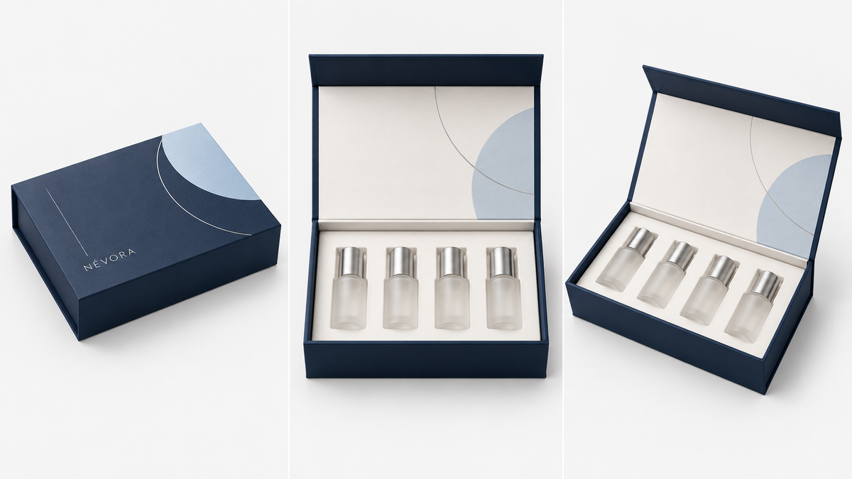 Estuche rígido personalizado tipo libro en azul con cuatro frascos cosméticos