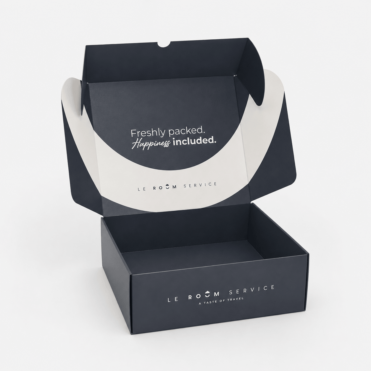Caja automontable personalizada abierta con impresión interior y exterior, ideal para packaging premium, ecommerce, envíos y presentación de productos de marca.