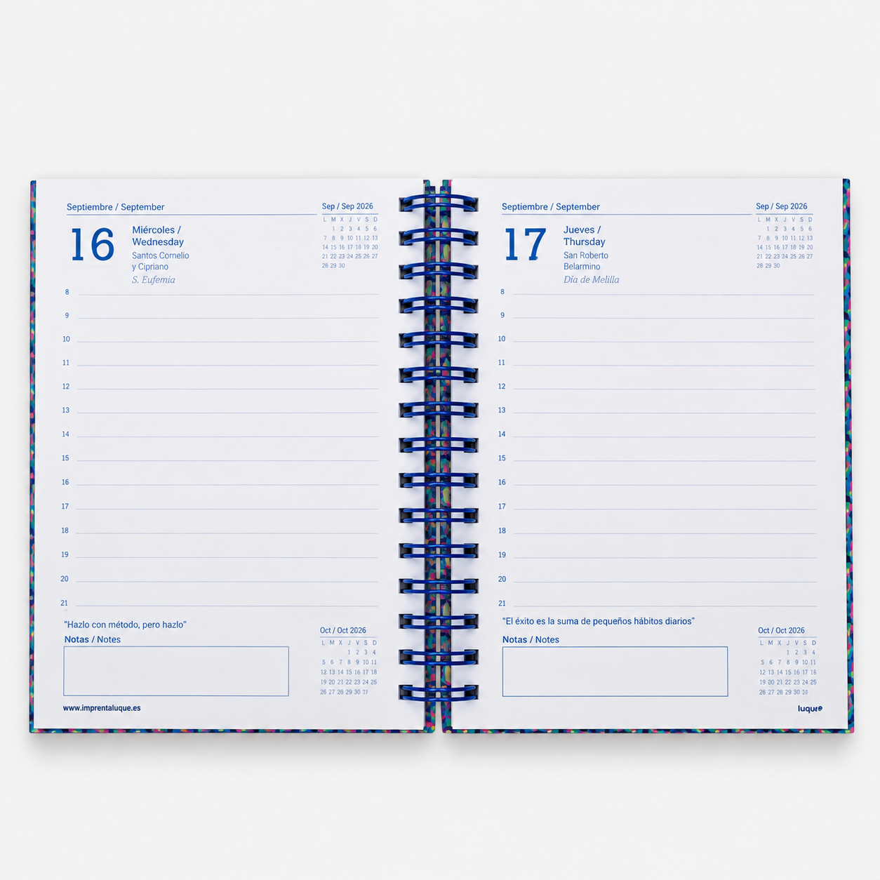 Interior de agenda personalizada de un día por página con encuadernación Wire-O