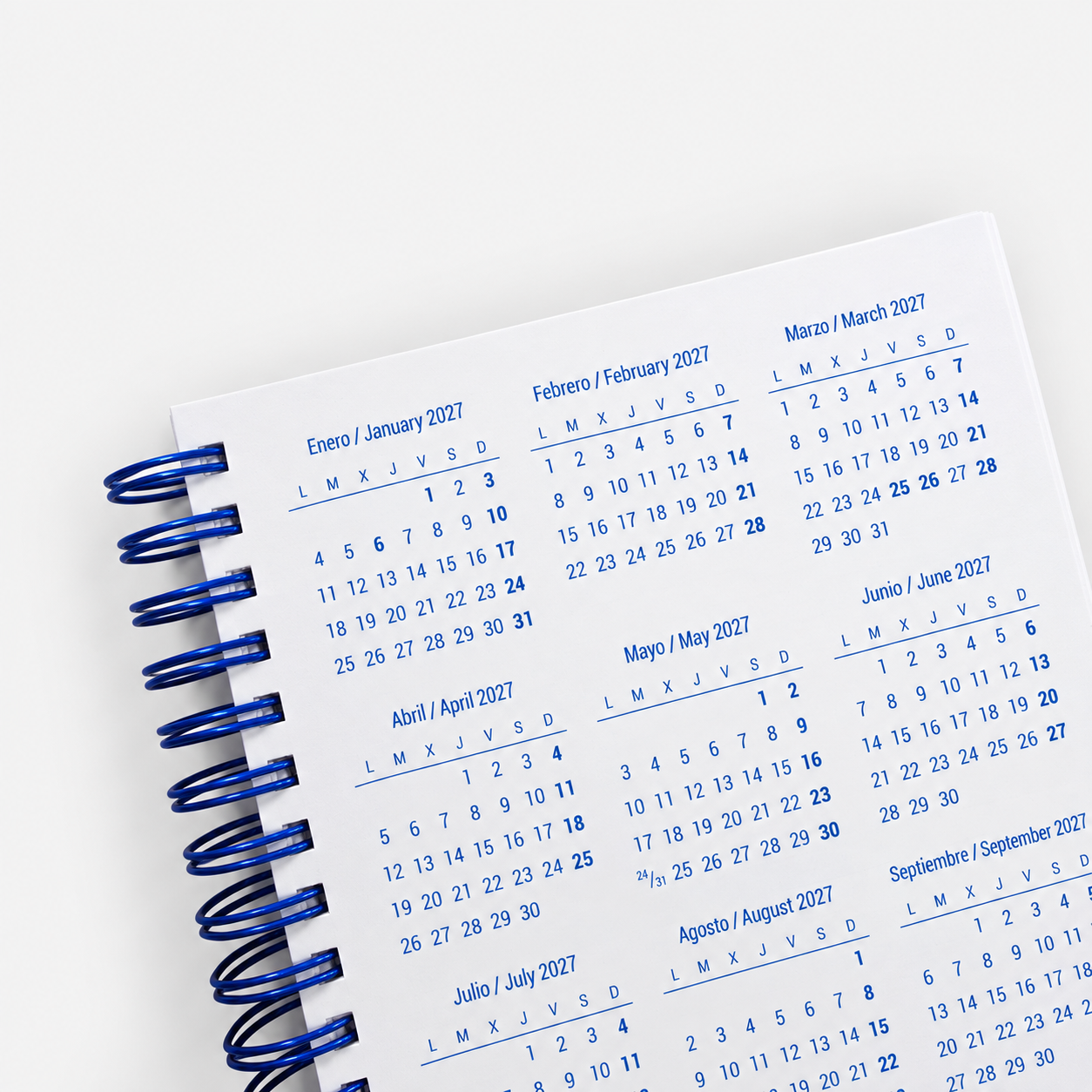 Plan anual 2027 de agenda personalizada con Wire-O azul