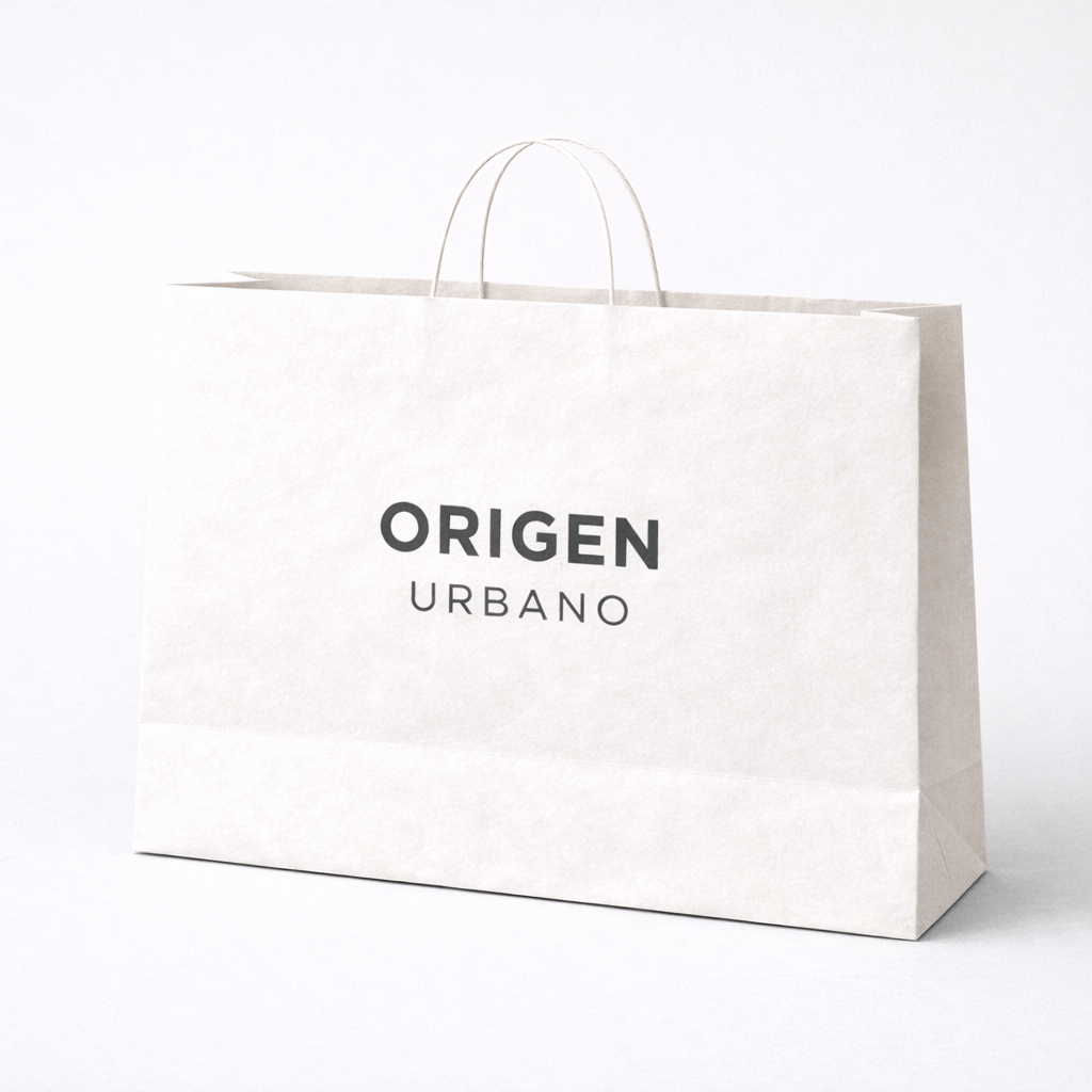 Bolsa de papel 41x32x15 personalizada con asas rizadas color kraft blanco