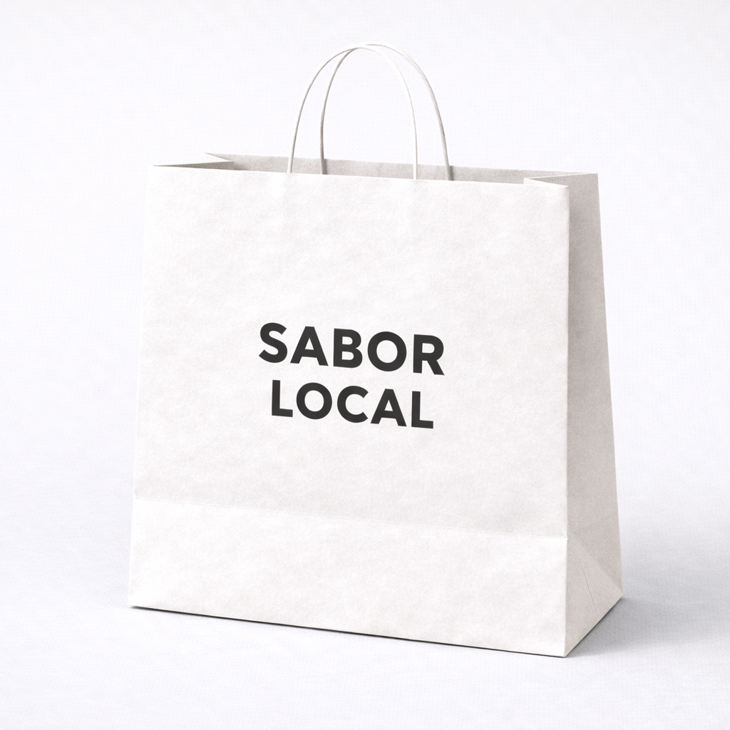 Bolsa de papel 30x29x18 take way personalizada con asas rizadas color kraft blanco