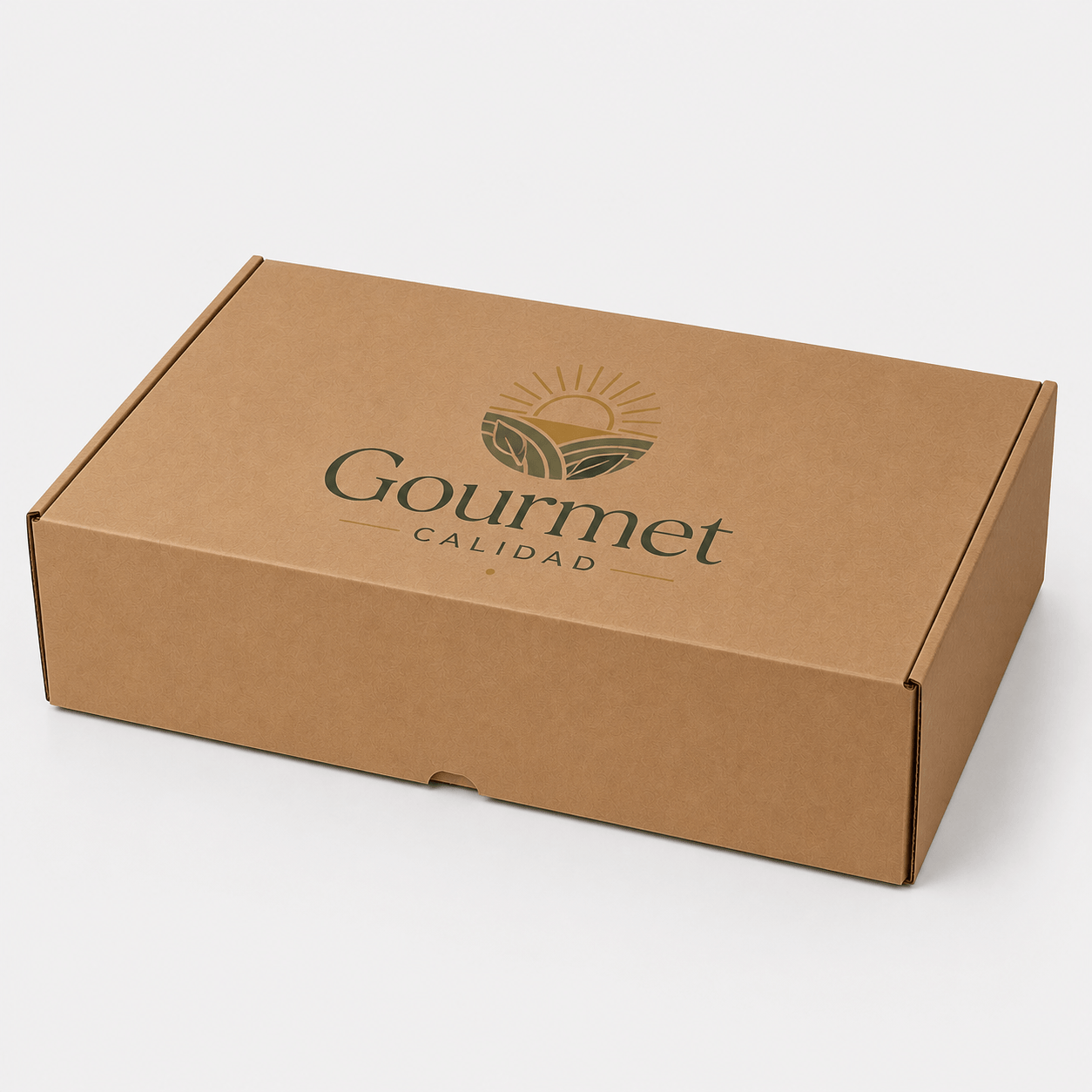 Caja ecommerce grande personalizada en cartón kraft con logo Gourmet Calidad