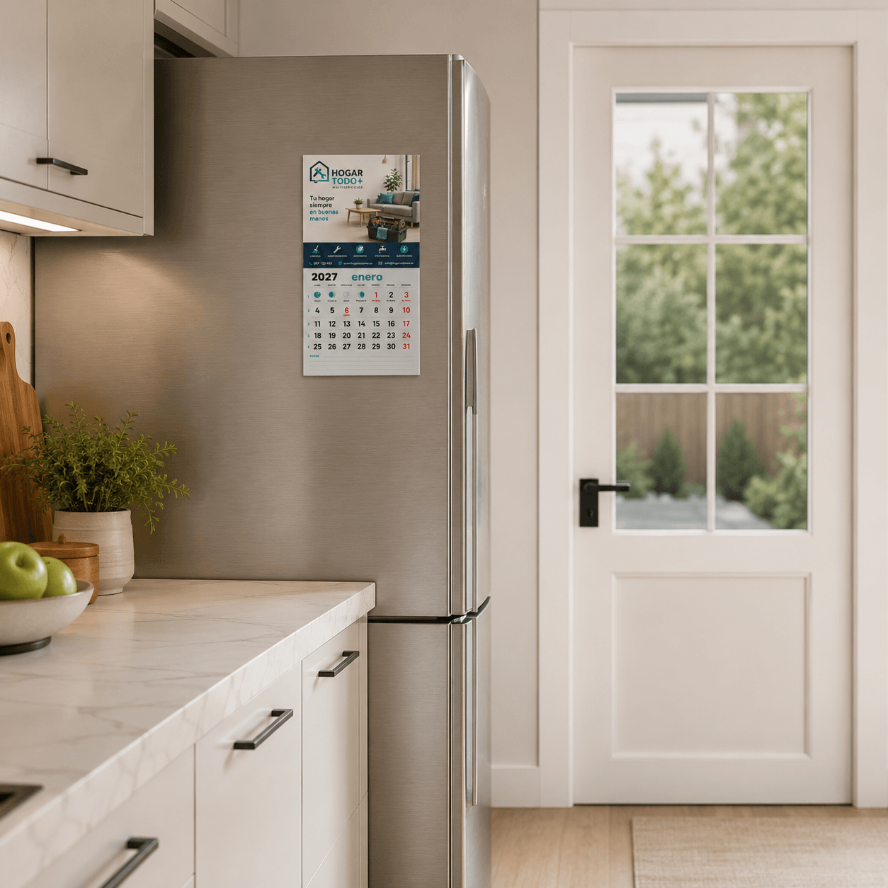 Mockup de calendario magnético sobre el lateral de un frigorífico en una cocina