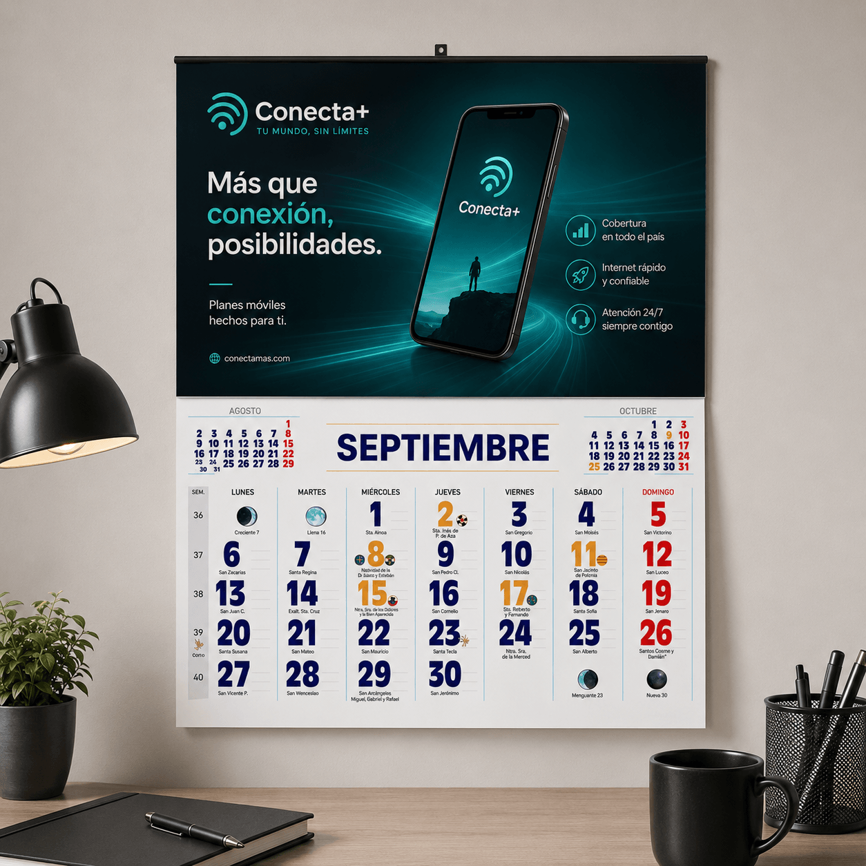 calendario de pared con varilla metálica para negocio