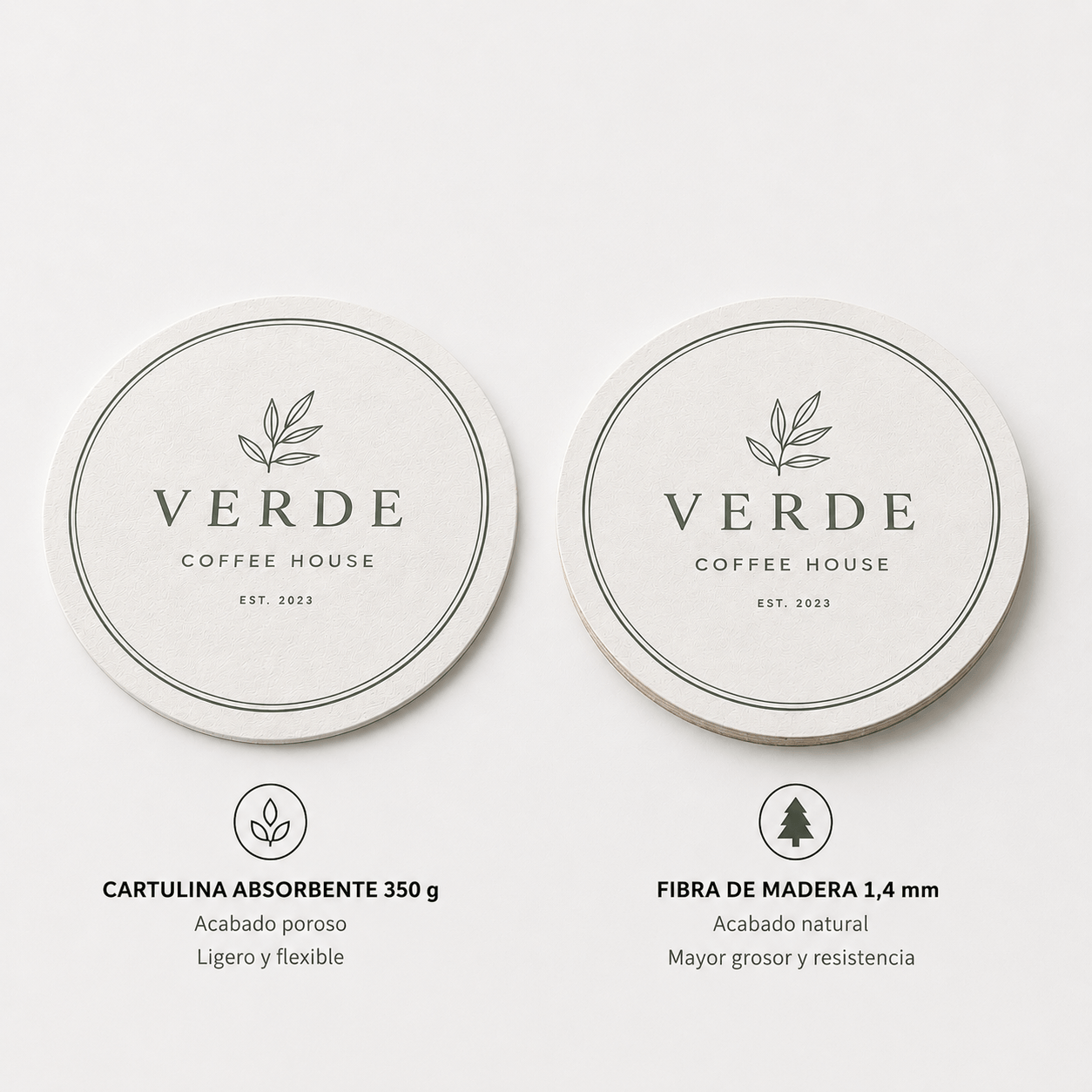 Comparativa entre posavasos personalizados de cartulina de 350 g y fibra de madera de 1,4 mm