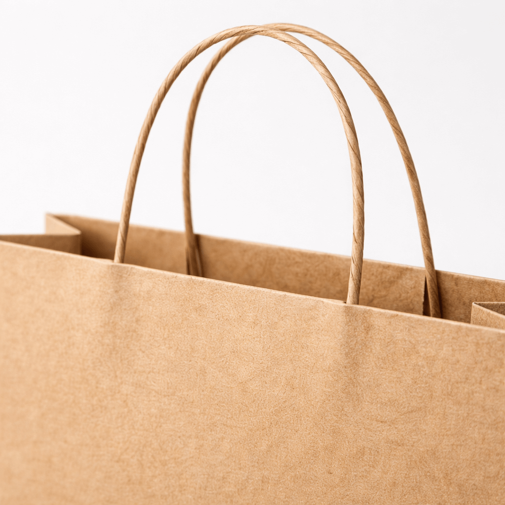 Detalle del asa rizada fina y textura de bolsa de papel kraft
