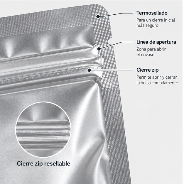 Detalle del cierre zip y termosellado de un doypack