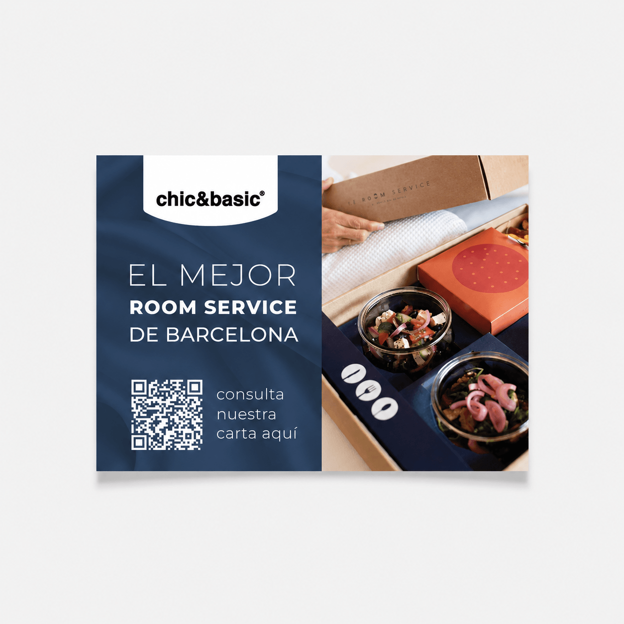 Flyer publicitario personalizado para hostelería con código QR, chic&basic Room Service Barcelona