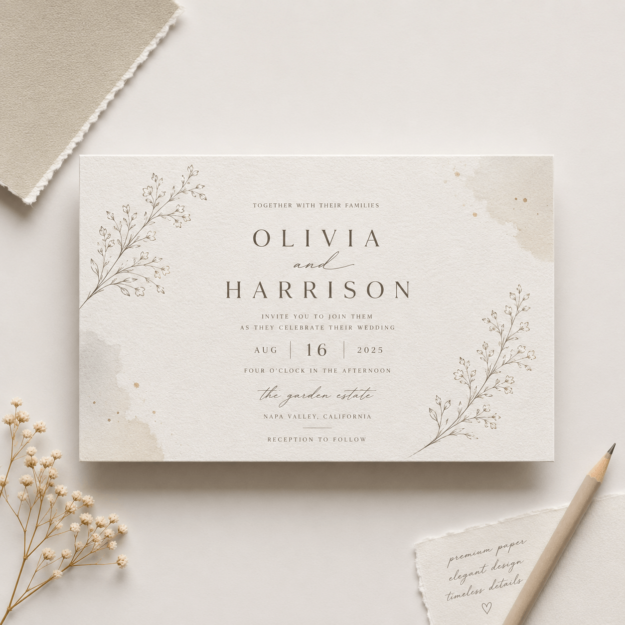 Invitación de boda personalizada impresa sobre papel premium con diseño elegante y acabado profesional.
