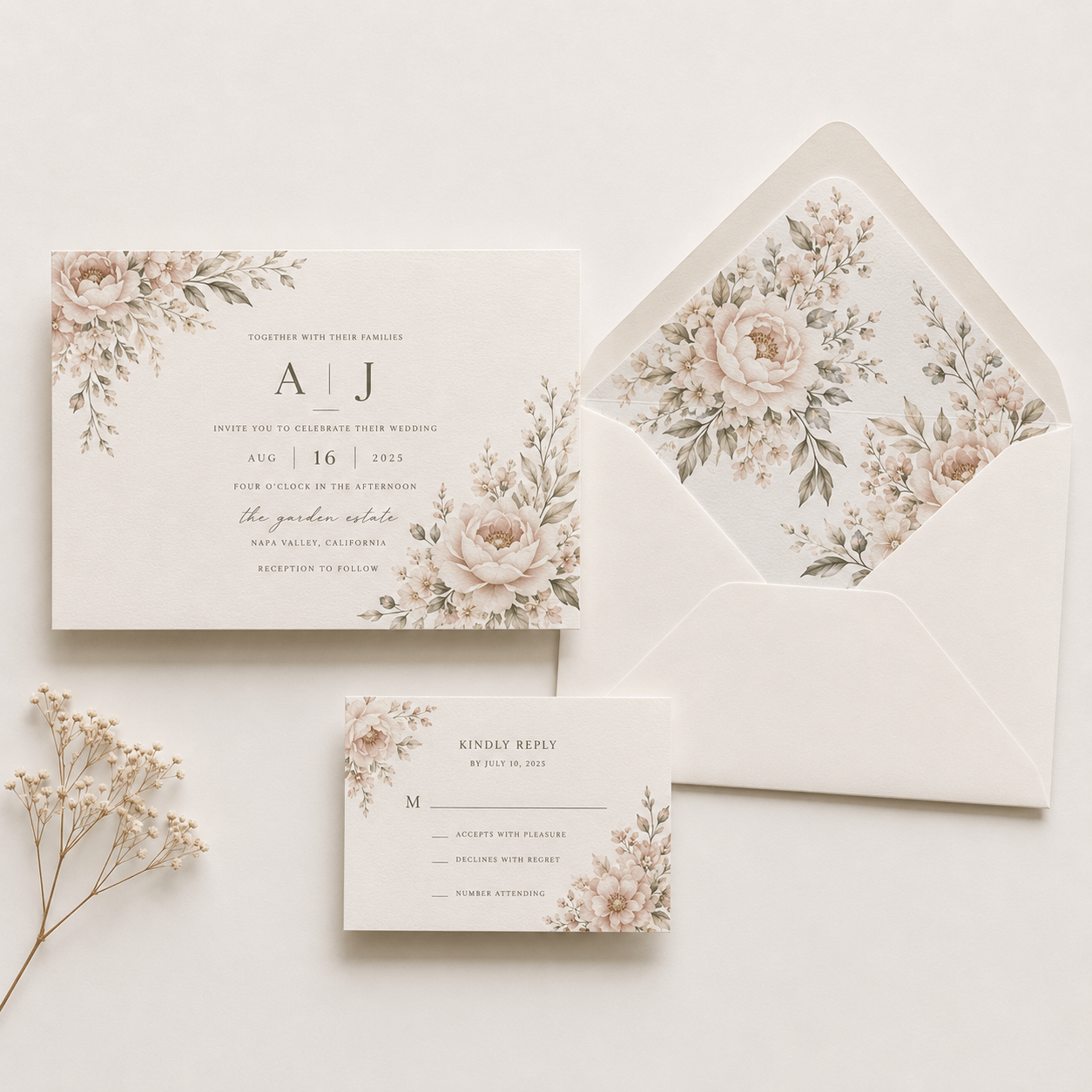 Invitación de boda personalizada junto a un sobre C5 con forro interior compañero.