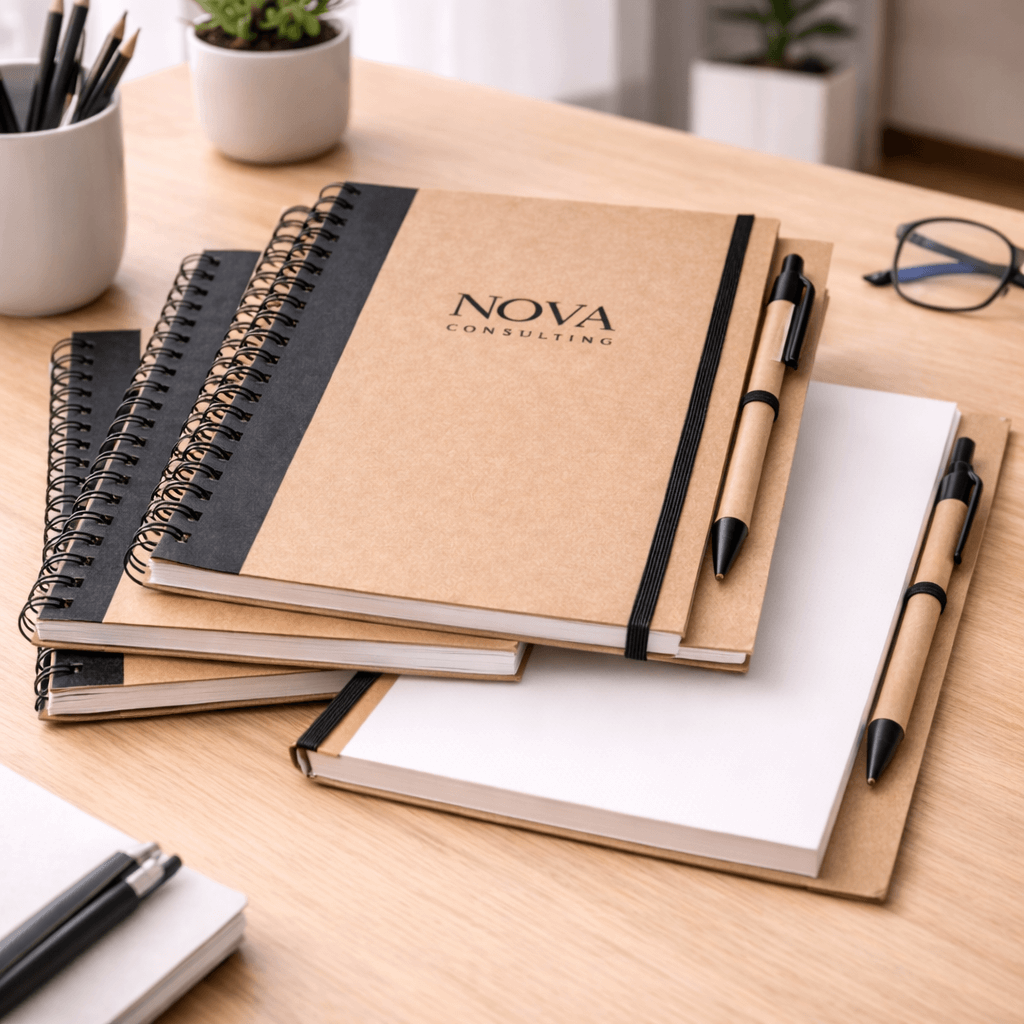 Libreta personalizada de empresa en mesa de reunión corporativa