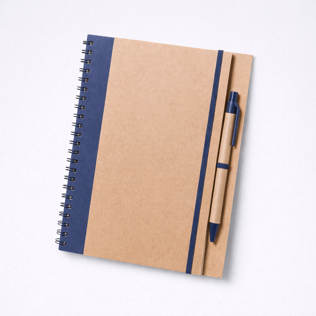 Libreta promocional reciclada con bolígrafo en color azul