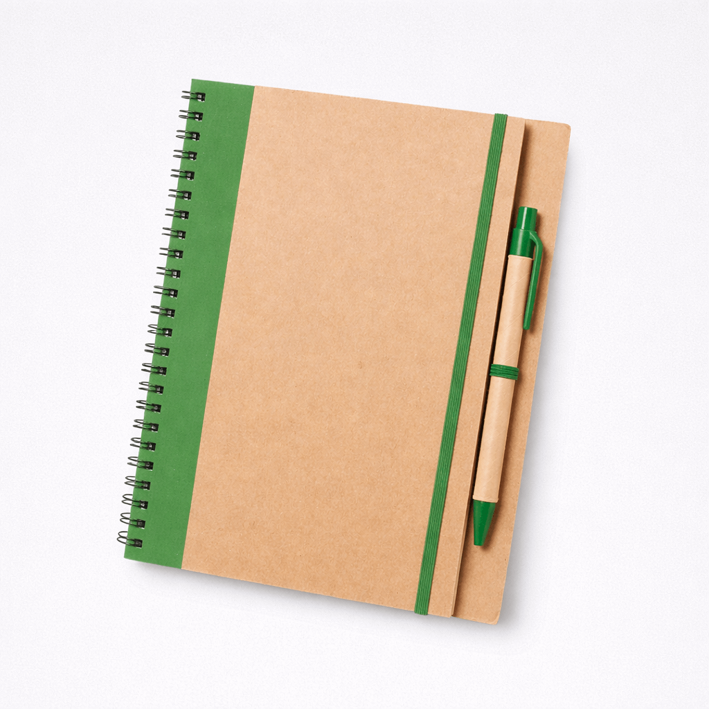 Libreta reciclada para empresas con bolígrafo incluido en color verde