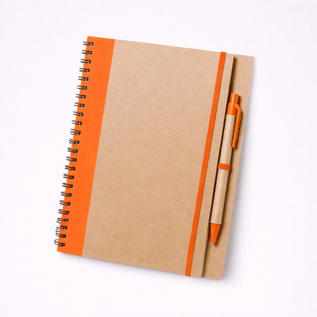 Libreta de anillas wire-o negra con cubierta reciclada en color naranja
