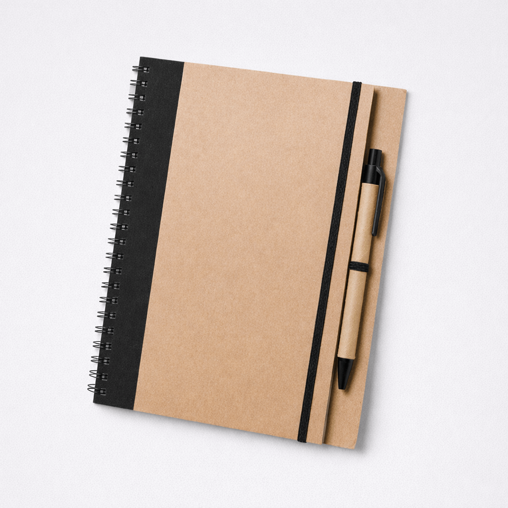 Libreta reciclada de anillas personalizada con bolígrafo en color negro