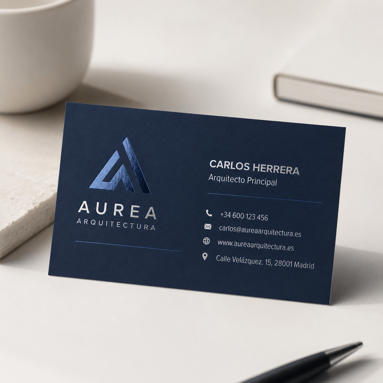 Mockup de tarjeta de visita premium con barniz selectivo UVI sobre escritorio minimalista mostrando el brillo localizado del logotipo.