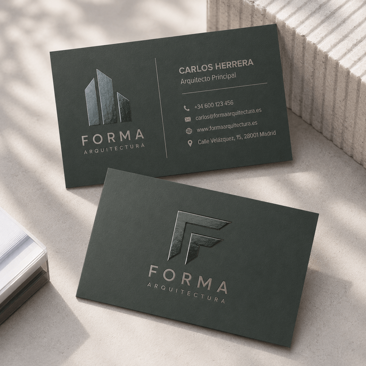 Tarjetas de visita personalizadas con barniz selectivo UVI y acabado premium, con brillo localizado en logotipo y elementos gráficos.