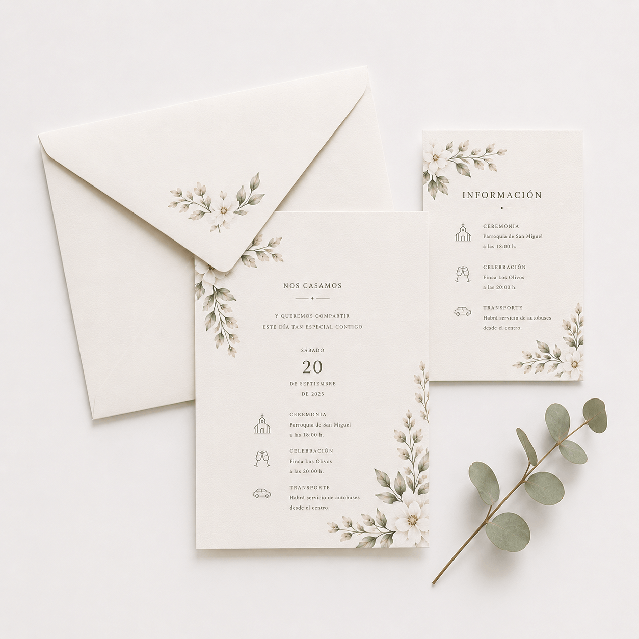 Invitación de boda, sobre y tarjeta complementaria personalizada con diseño coordinado.