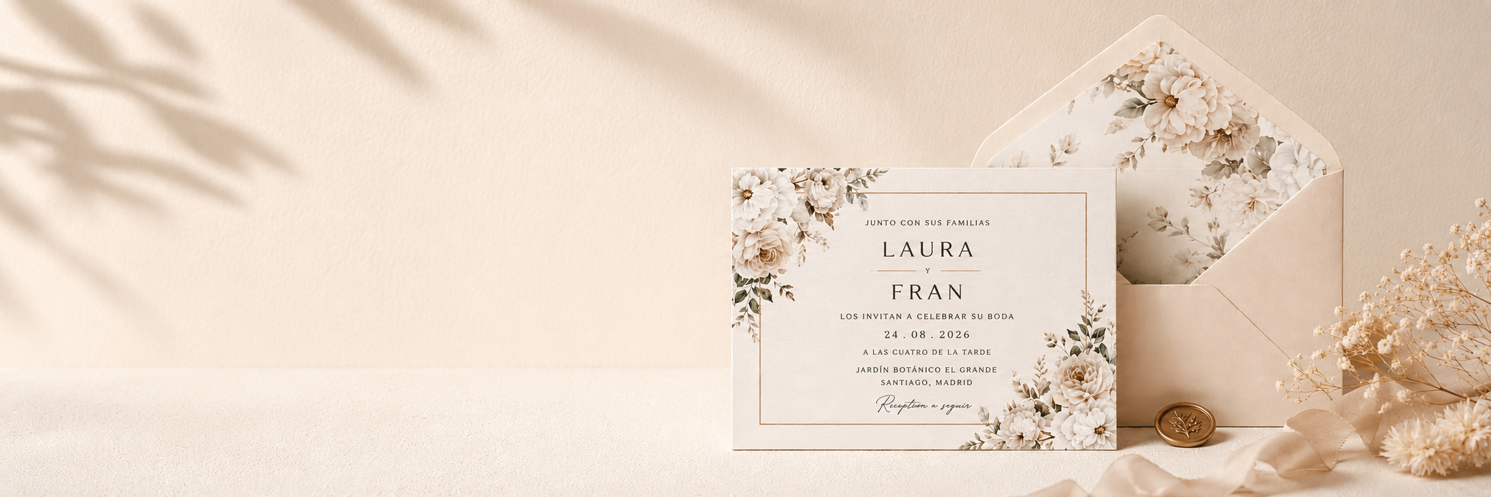 Invitaciones y papelería de boda personalizada con sobres forrados, diseño floral e impresión profesional para bodas elegantes.