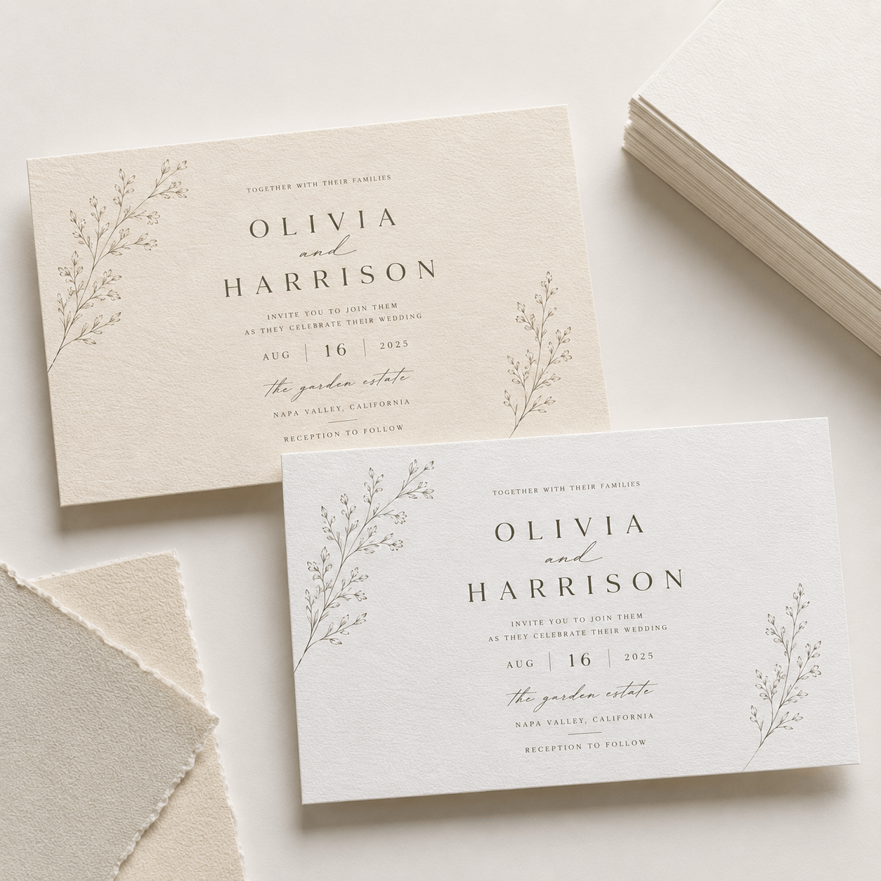 Invitaciones de boda impresas sobre papel Munken Lynx Rough White y Munken Lynx Rough Cream de 300 g.