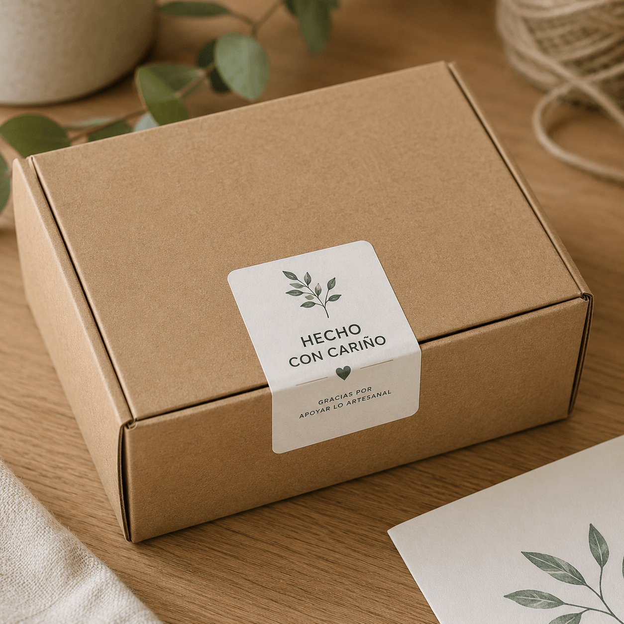 Pegatina personalizada rectangular utilizada para cerrar una caja kraft de un producto artesanal
