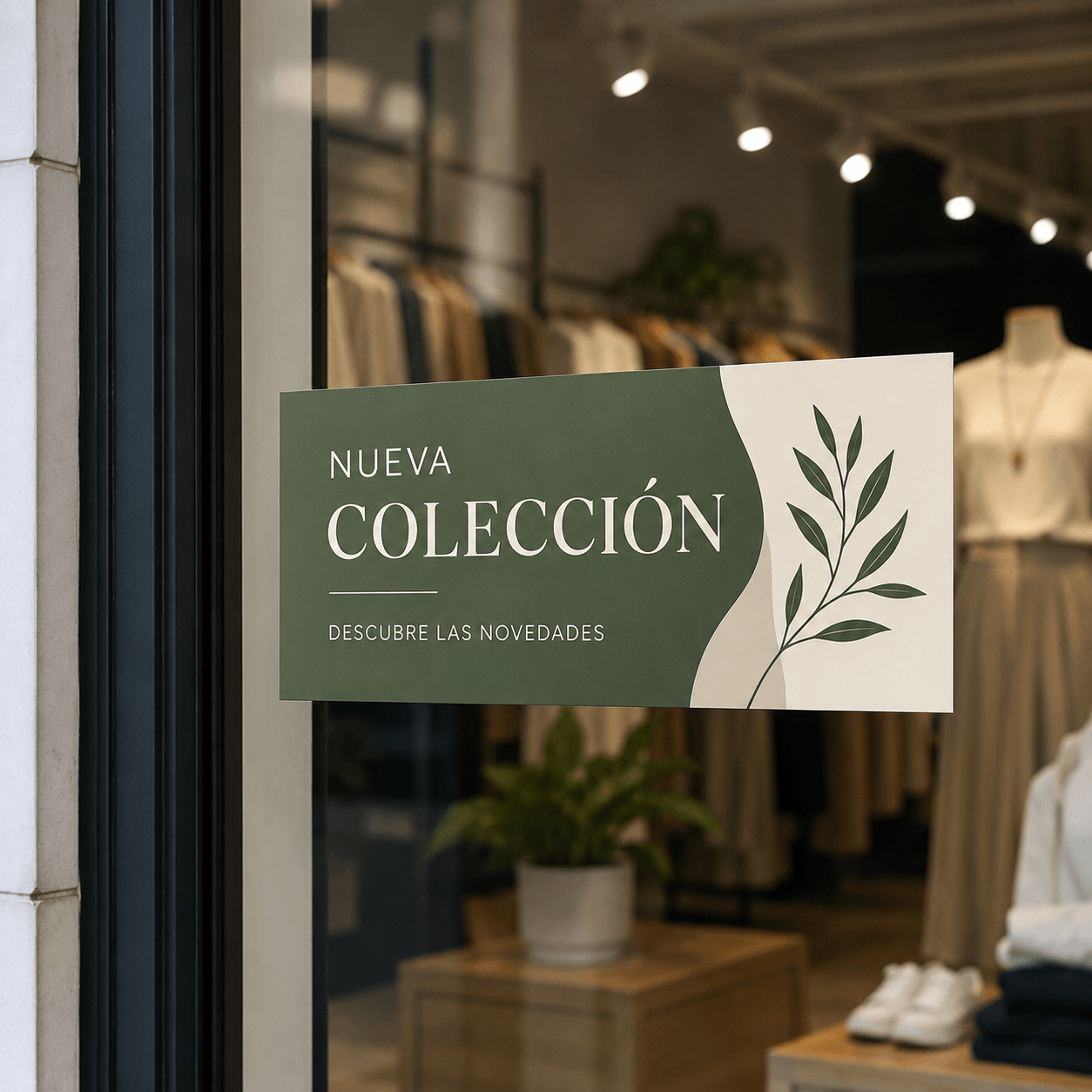Pegatina personalizada rectangular colocada en un escaparate anunciando una nueva colección