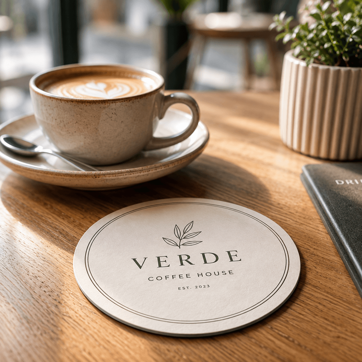 Posavasos personalizados con logotipo sobre una mesa de cafetería