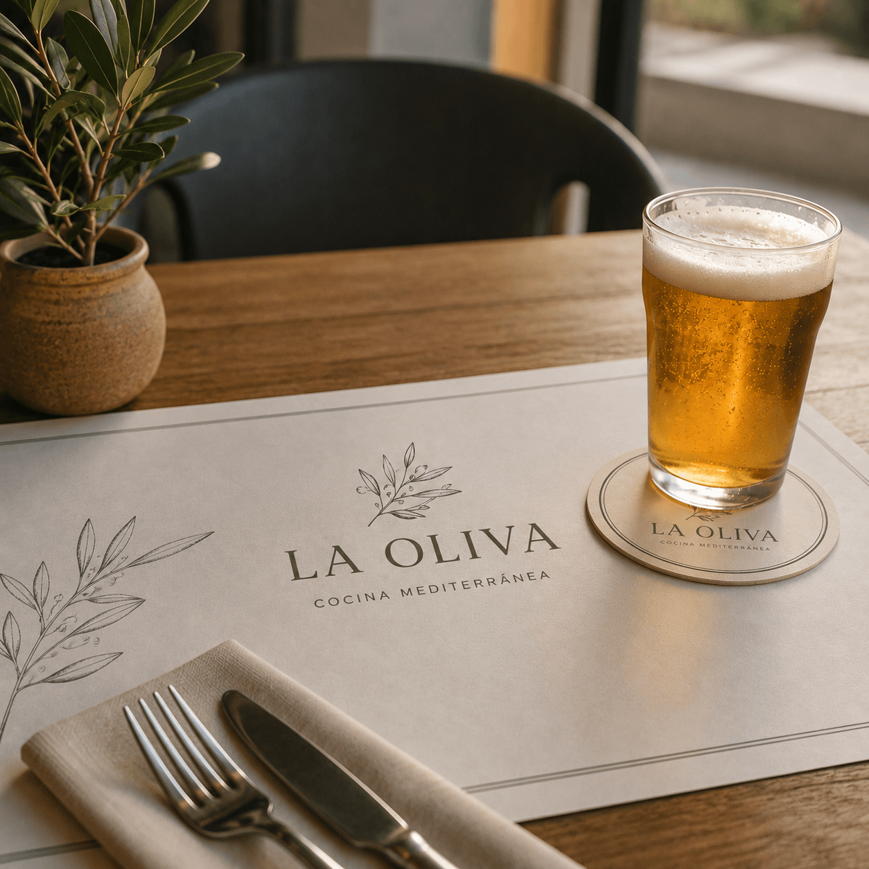 Mesa de restaurante con posavasos, manteles y otros productos personalizados para hostelería
