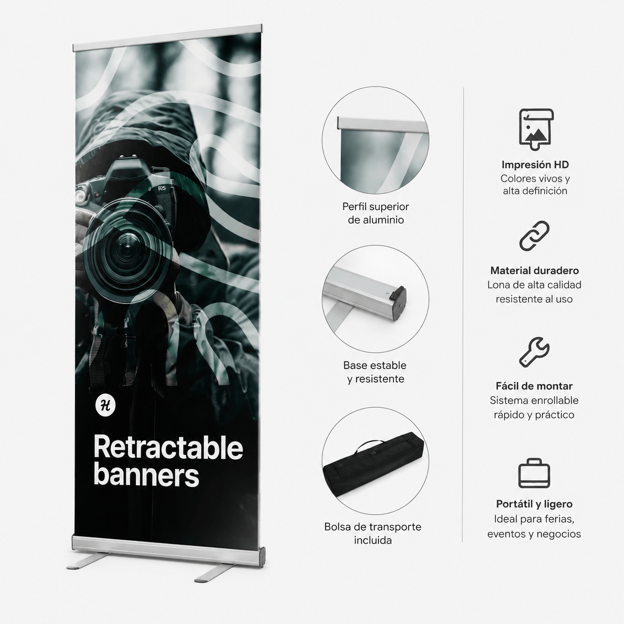Roll up publicitario personalizado, banner retráctil con perfil de aluminio e impresión HD