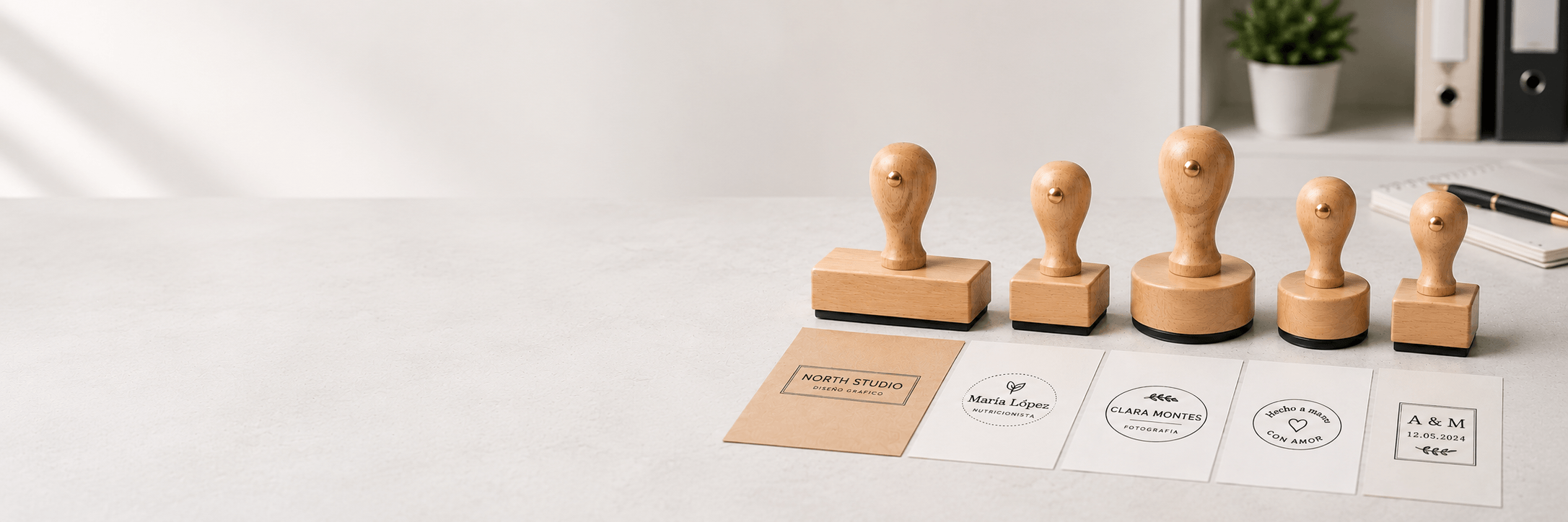 Colección de sellos de madera personalizados en distintos formatos para marcar bolsas de papel, packaging, documentos y material corporativo.
