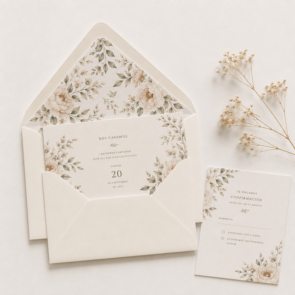 Sobre C5 para invitación de boda con forro personalizado e invitación a juego.