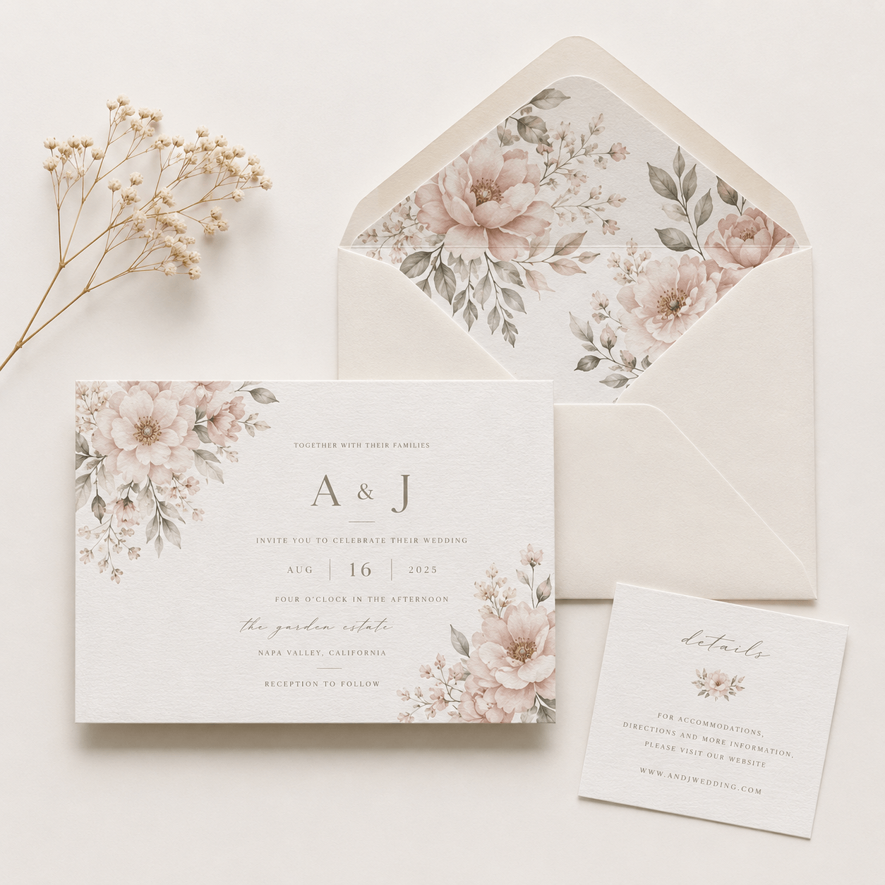 Invitación de boda con sobre C5 y forro personalizado a juego para una presentación elegante.