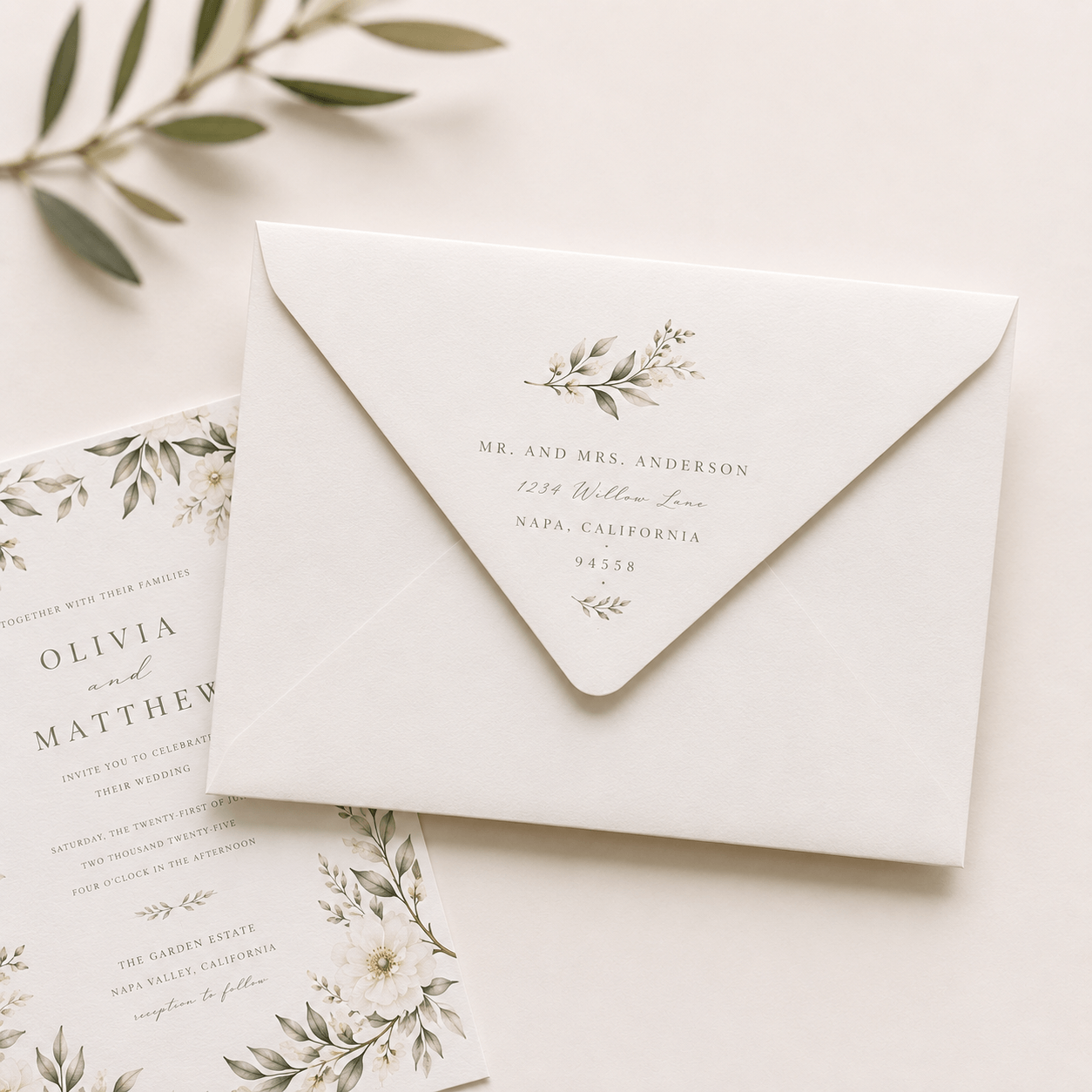 Sobre personalizado para invitación de boda coordinado con el diseño de la invitación.