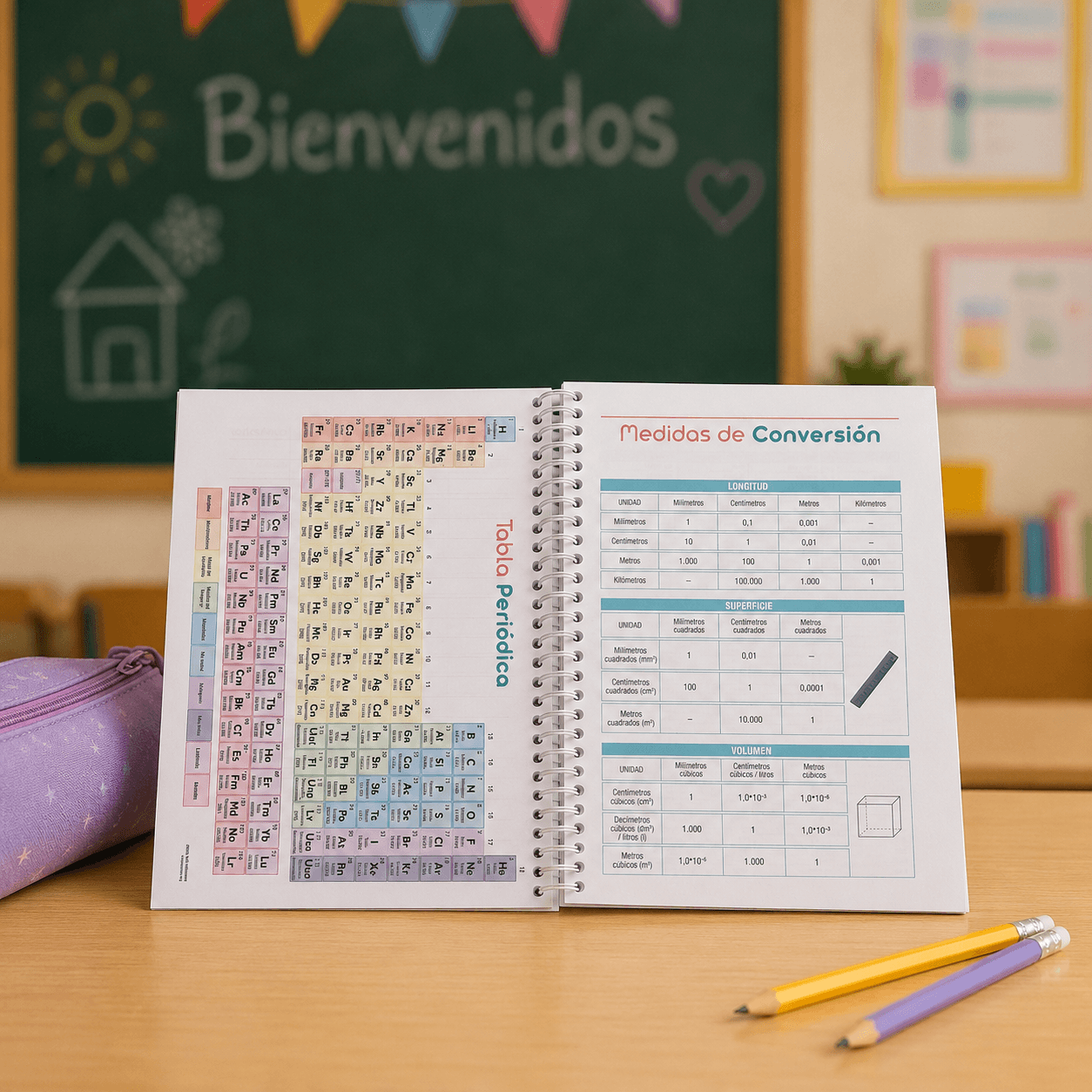 Tabla periodica de los elementos y medidas de conversión en agenda escolar