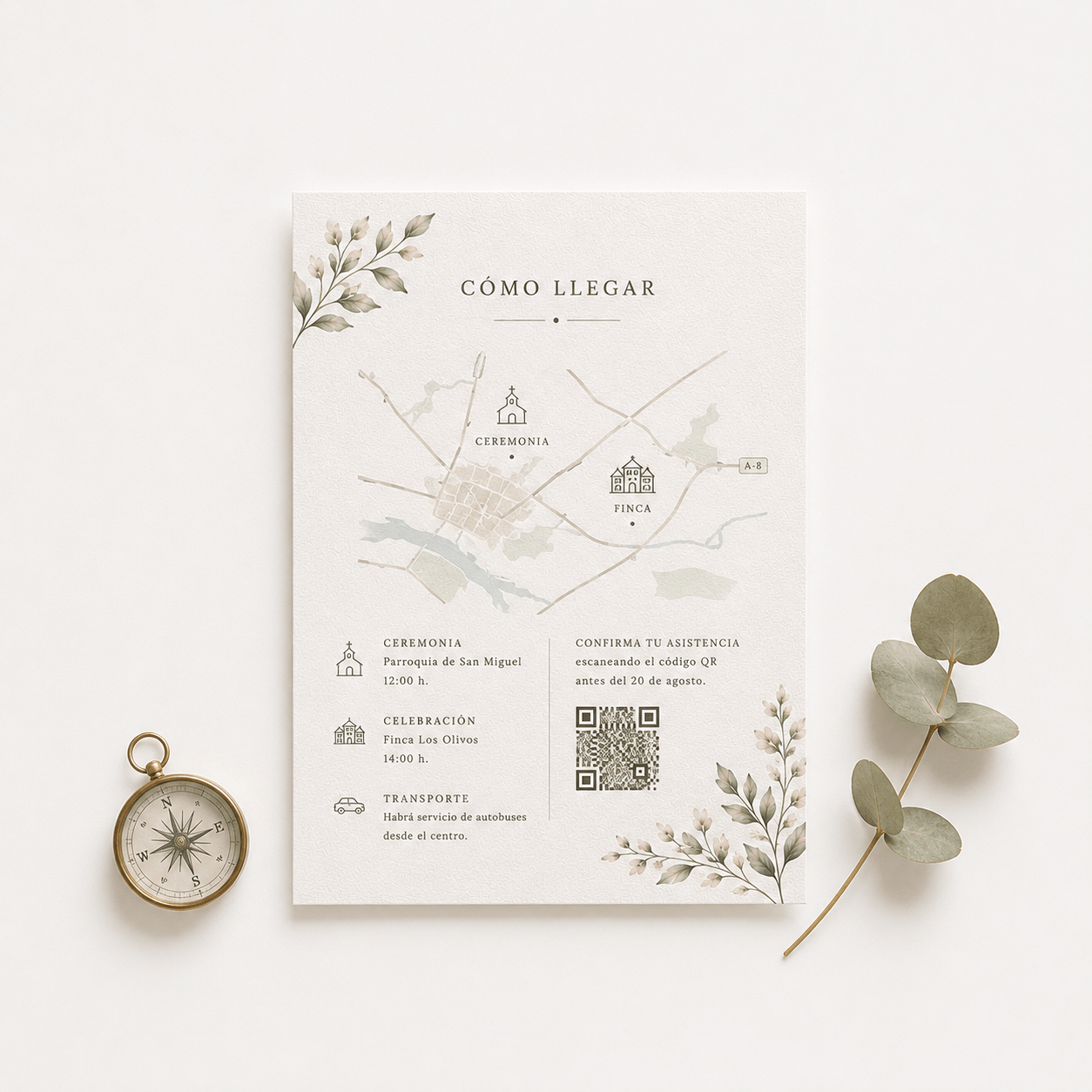 Tarjeta complementaria para boda con plano de ubicación y código QR personalizada.