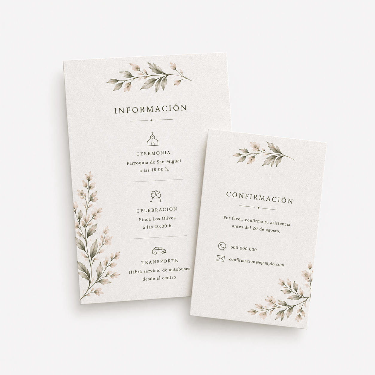 Tarjetas complementarias personalizadas para boda en formatos A6 y A7 impresas sobre papel premium.