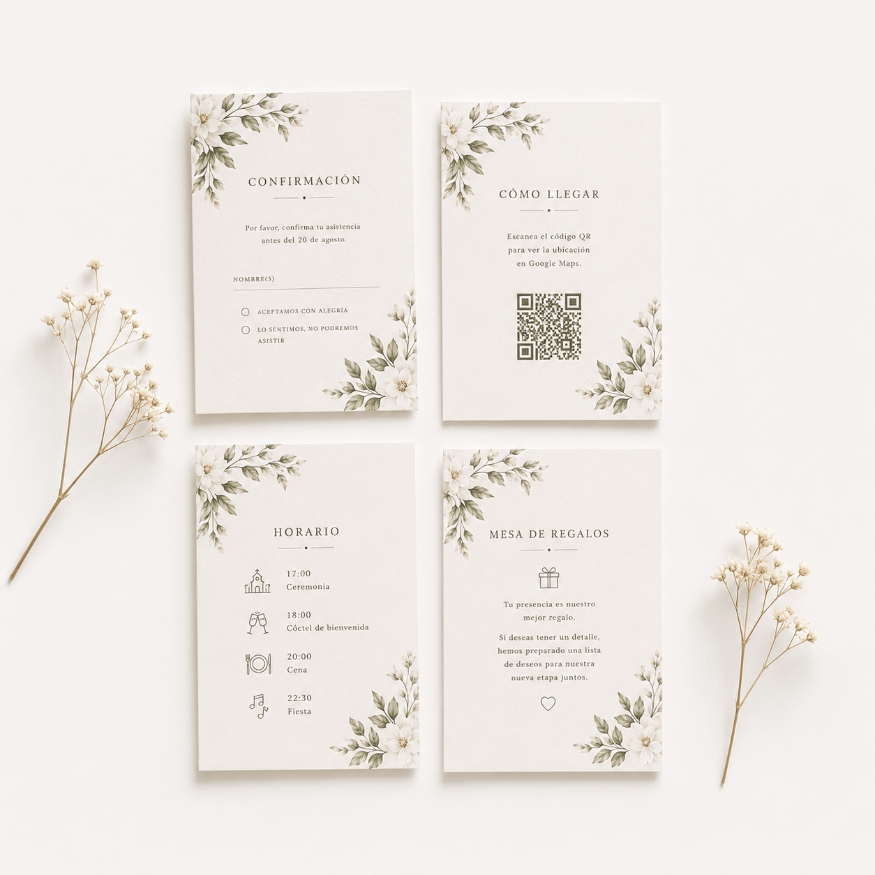 Ejemplos de tarjetas complementarias para boda con RSVP, horarios, código QR e información para invitados.